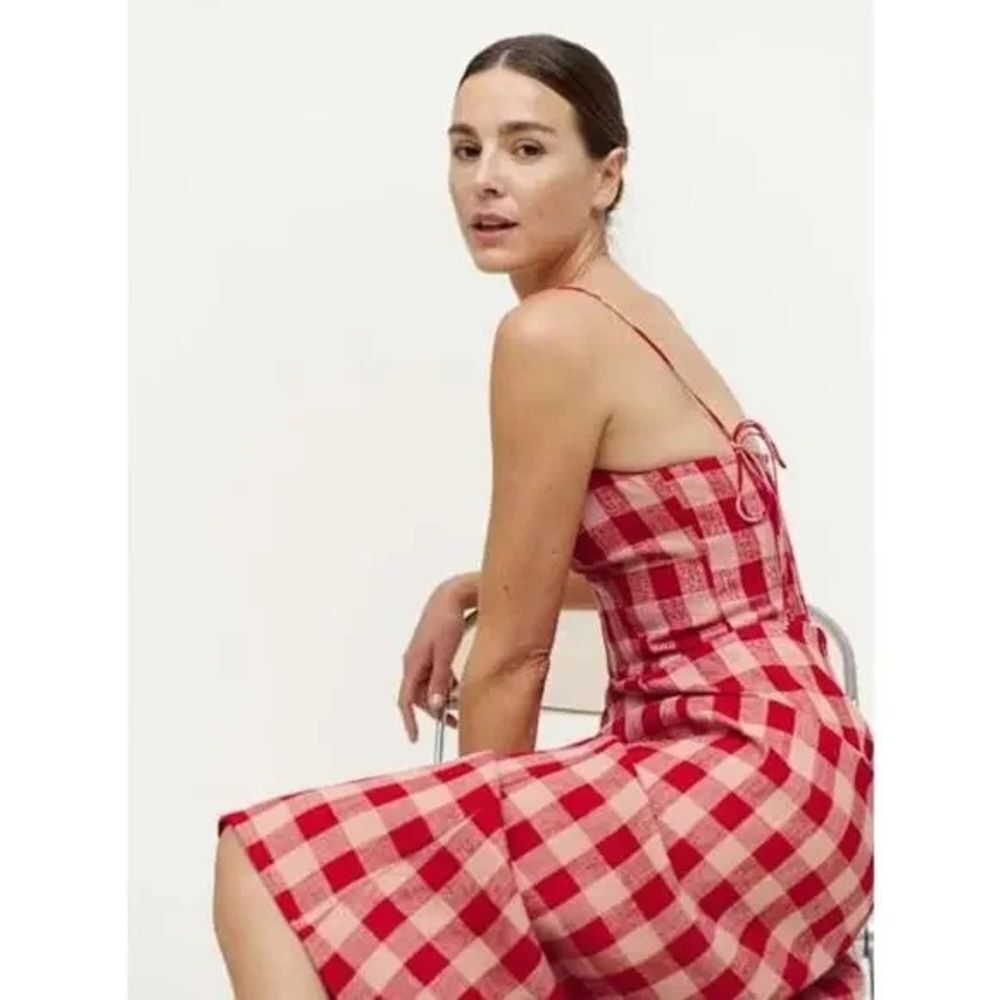 Reformation Red Checkered gingham linen spring tea party Midi Dress - Picture 3 of 3